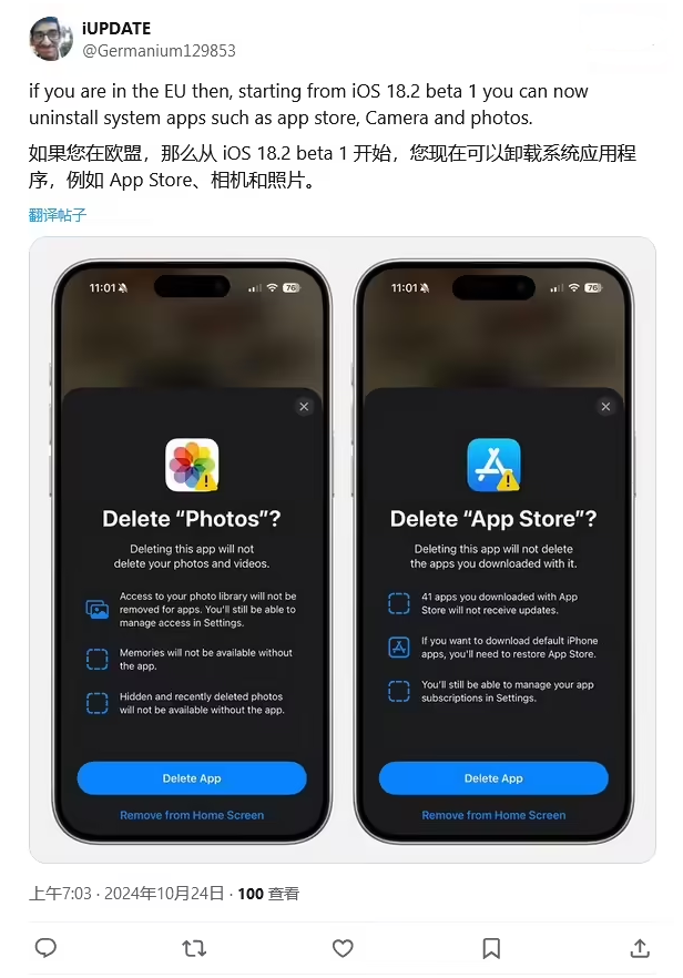 扶余苹果手机维修分享iOS 18.2 支持删除 App Store 应用商店 