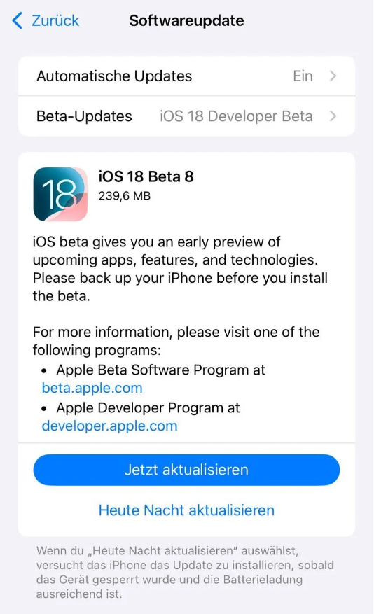 扶余苹果手机维修分享苹果 iOS / iPadOS 18 开发者预览版 Beta 8 发布 